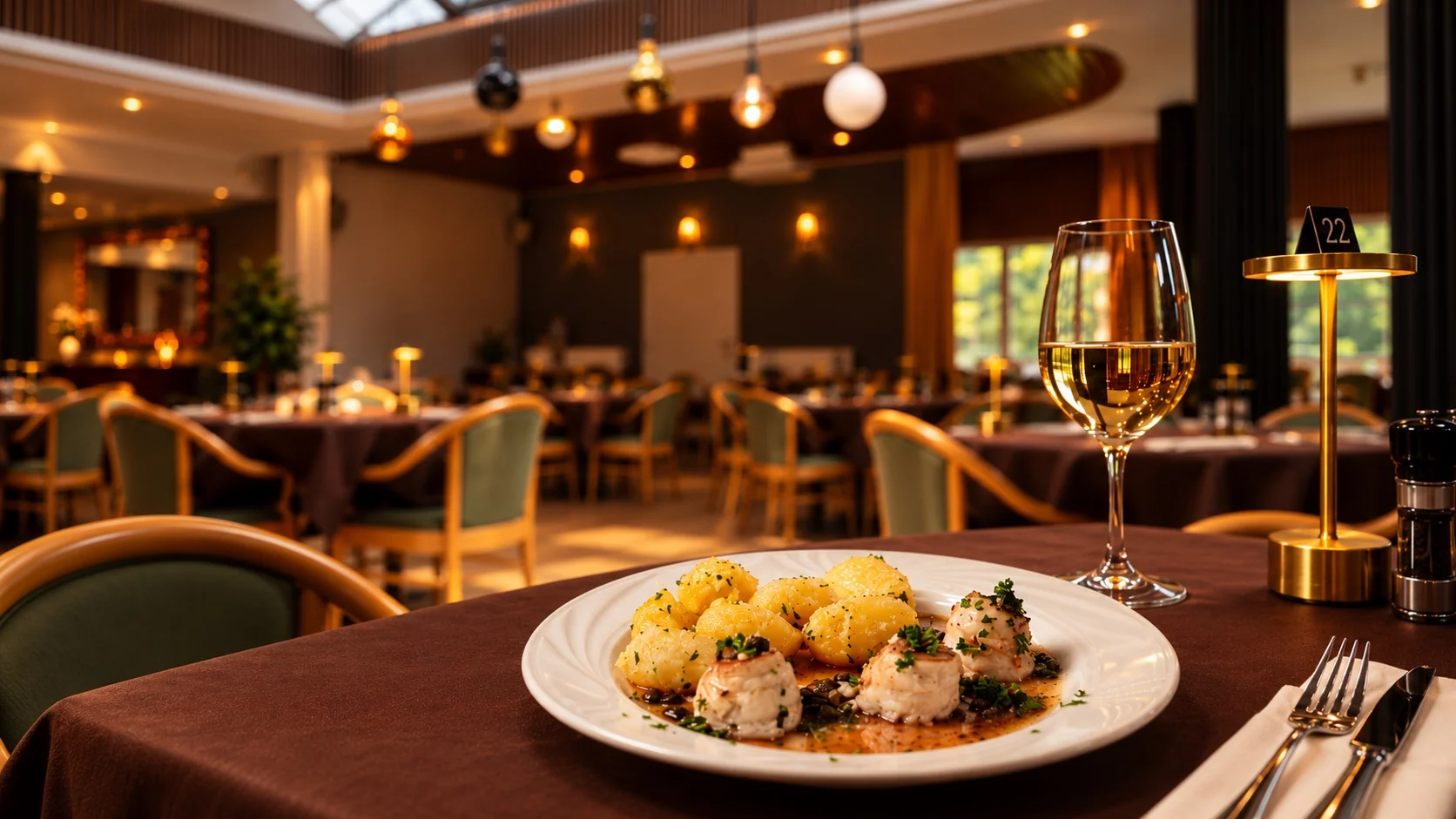 Table chaleureuse à Ter Korbeke avec plat, vin et lampe dorée